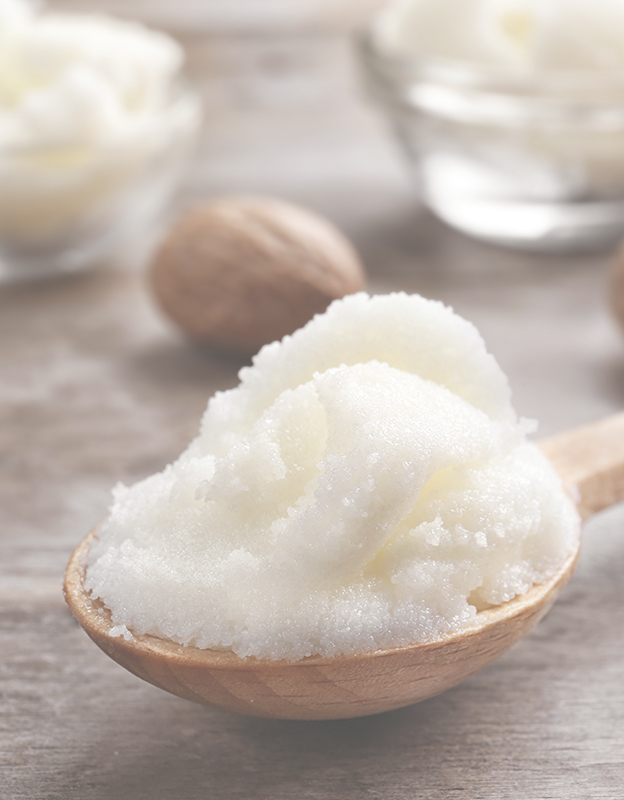 Shea butter <br> - is a natural and rich source of unsaturated fatty acids. Thanks to its deep and fast penetration, it enables nourishment and regeneration of the skin, thus supporting its barrier functions. Moreover, it improves the condition and helps to reduce water loss, preventing the skin from drying out.
